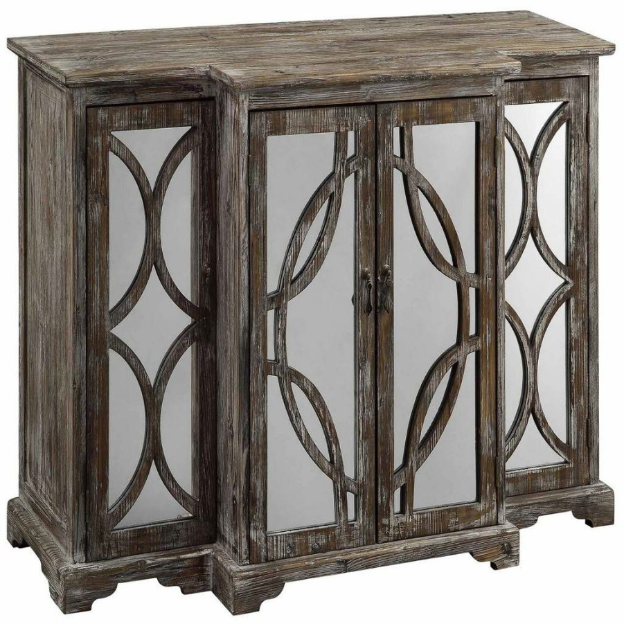 * Large Choice Galloway 4 Door Rustic Wood And Mirror Sideboard Brown Wood Crestview Collection Cvfzr1236 | Sideboard & Buffets