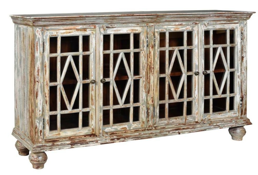 * Free Delivery Bengal Manor Mango Wood 4 Glass Door Distressed Grey Sideboard Brown Wood Crestview Collection Cvfnr417 | Sideboard & Buffets