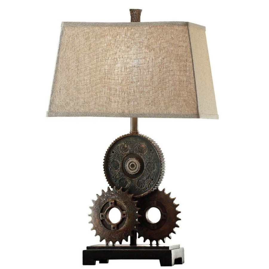 * Cheaper Gears Table Lamp 29 Ht. Brown Resin Antique Metal Finish Natural Linen Shade Crestview Collection Cvavp188 | Table Lamps